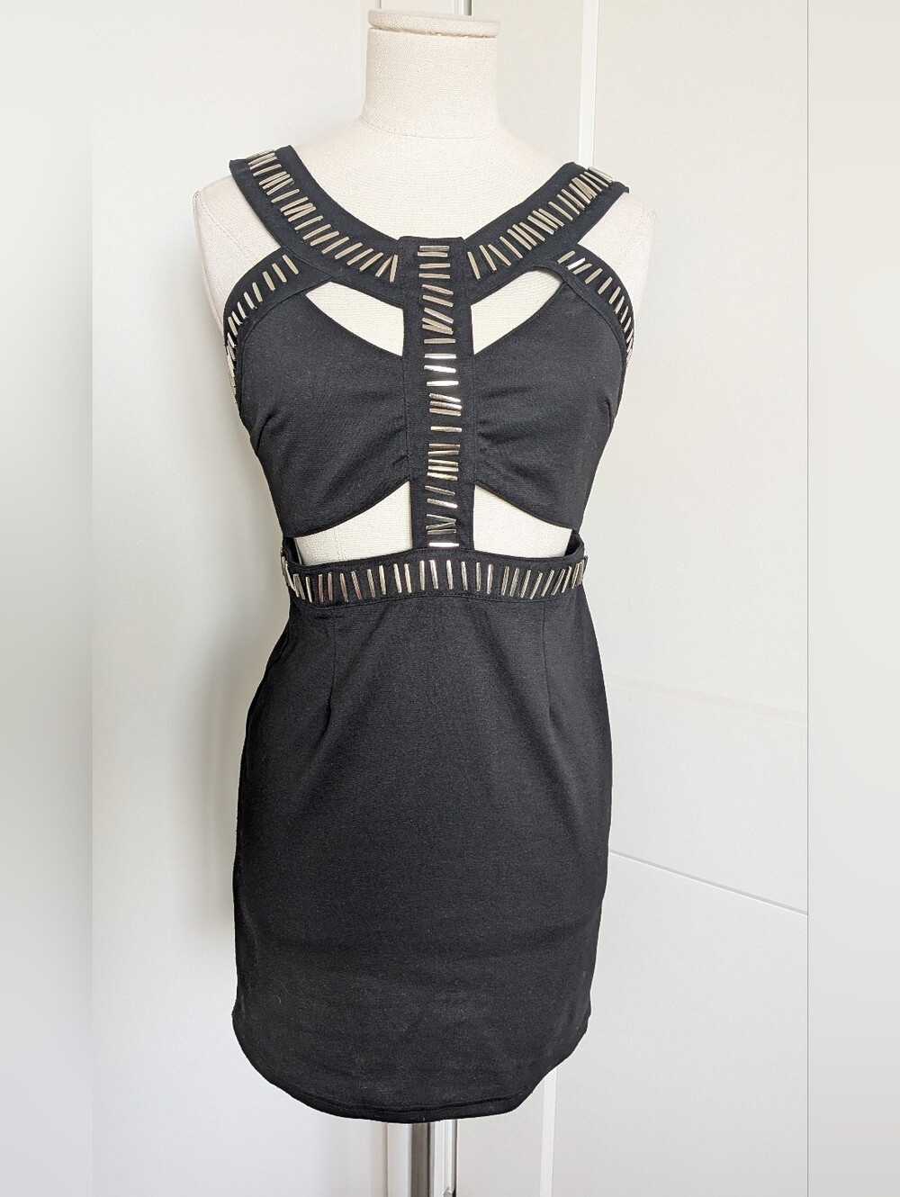 Reverse Y2K Vintage Black Cut Out Silver Metallic Beading Bodycon Small
